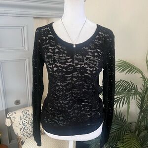 bebe Black Sheer Lace Long Sleeve Top M